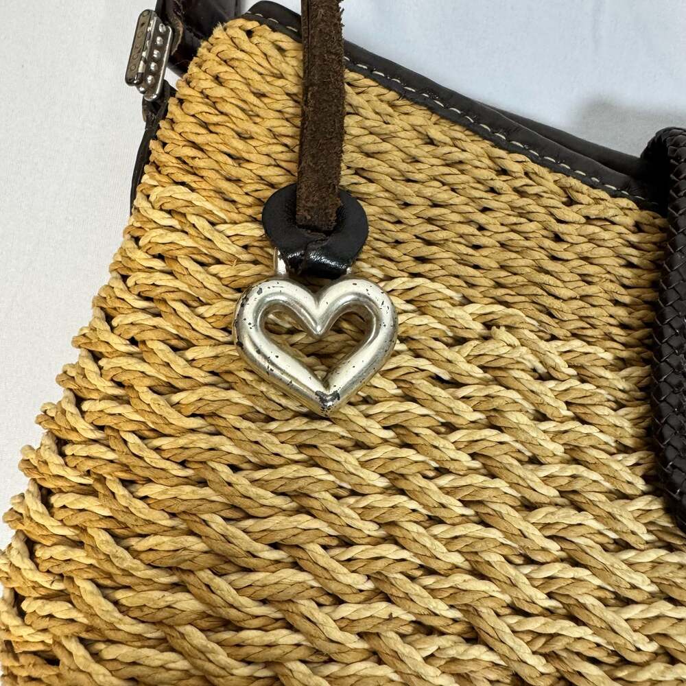 Brighton Woven Tan Straw Dark Brown Croc Embossed Leather Small Bag Tote Satchel - Picture 3 of 11